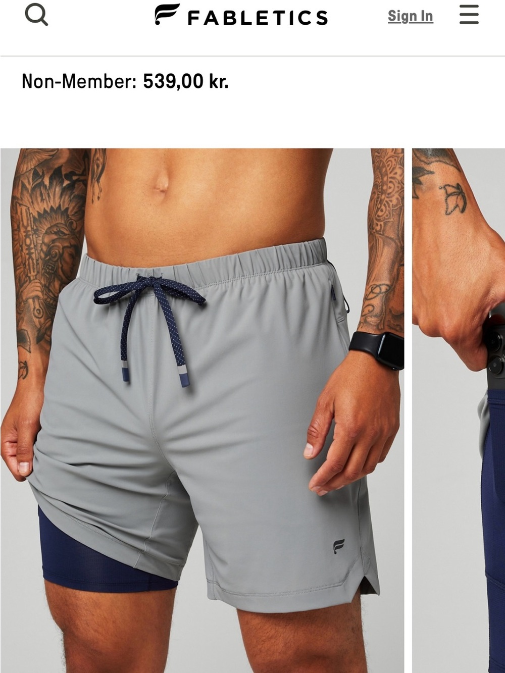 Fabletics Men’s Light Gray Athletic Shorts with Navy Liner size L
